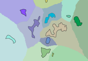 Regions displayed over the cost distance allocation