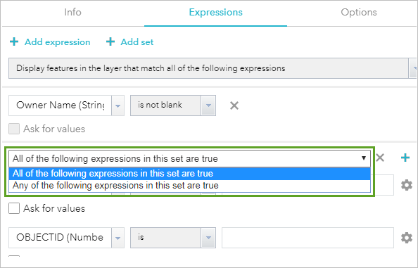 Expressions tab showing an added set with highlighted option Expressions tab showing an added set with highlighted option